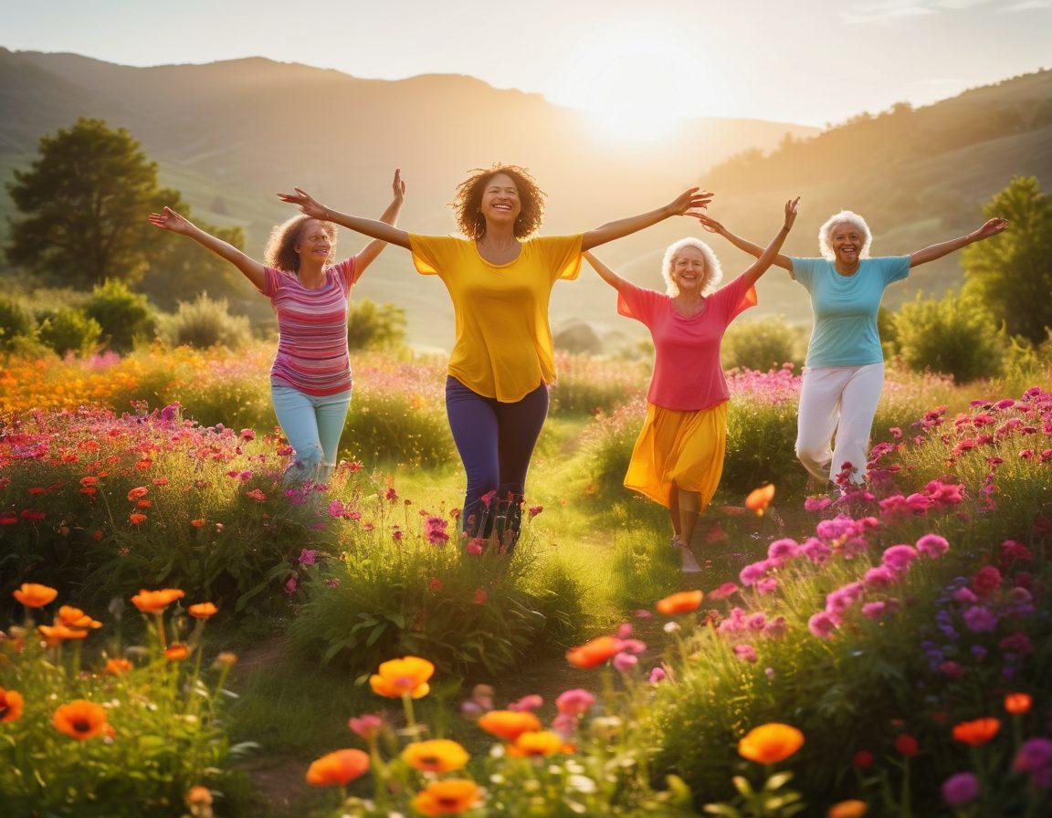 A radiant sun rising over a vibrant landscape filled with colorful flowers and lush greenery, symbolizing happiness and positivity. A group of diverse people of all ages joyfully engaging in activities like dancing, yoga, and laughter under the sun. Include bright, cheerful colors and soft, glowing light to enhance the feeling of warmth and joy. whimsical style. vibrant colors. soft focus.