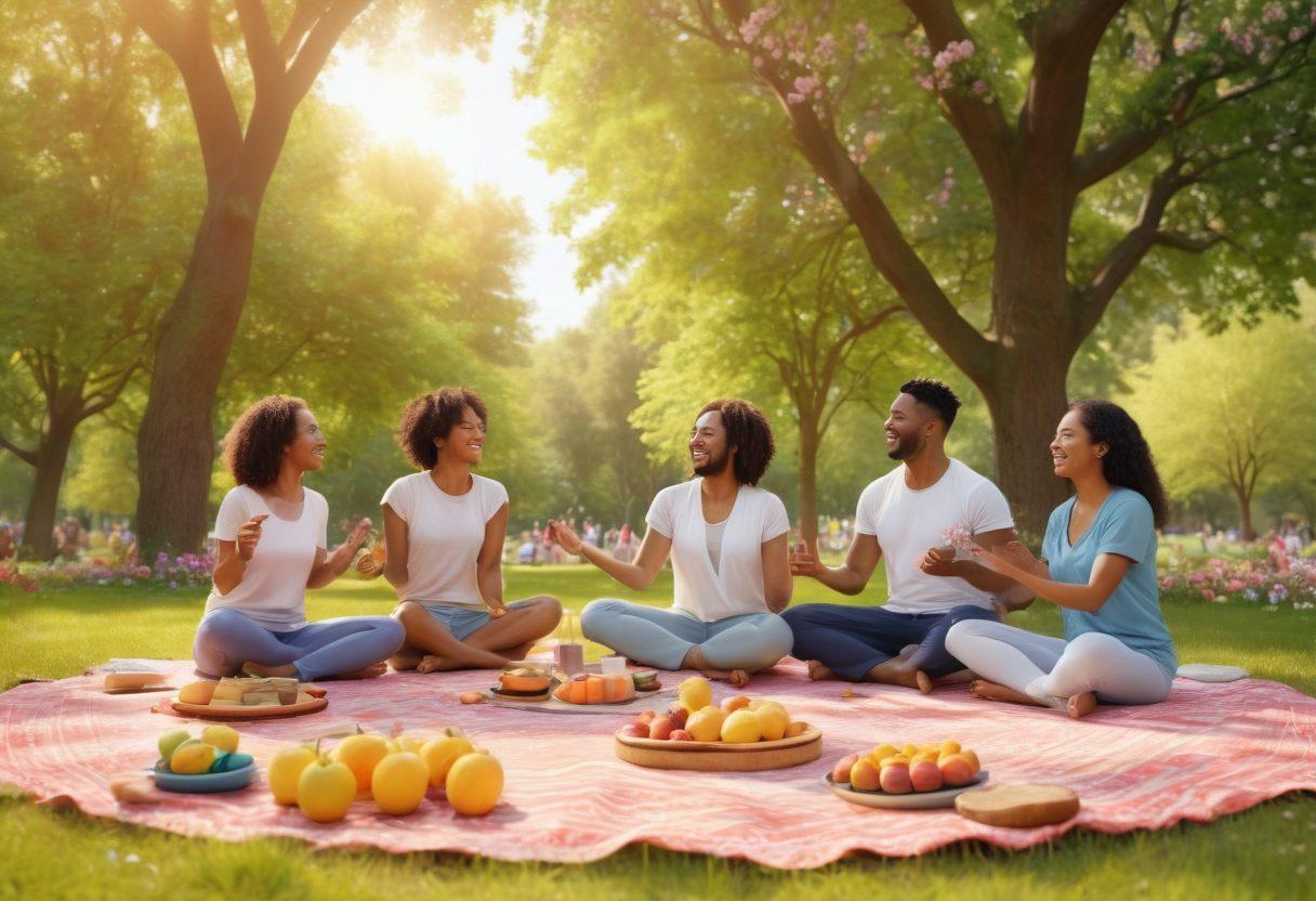 A serene scene of a diverse group of people laughing and enjoying a sunny picnic in a vibrant park, surrounded by blooming flowers and tall trees, symbolizing joy and community. Bright colors and warm sunlight enhance the atmosphere of positivity and well-being. Include elements like a yoga mat and healthy snacks, emphasizing a balanced lifestyle. super-realistic. vibrant colors. 3D.