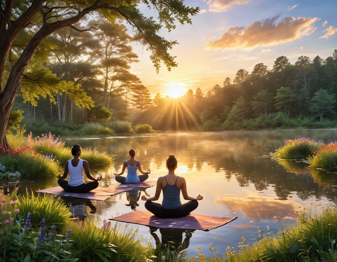 A serene landscape featuring a sunrise over a tranquil lake, surrounded by lush greenery and vibrant wildflowers. In the foreground, a diverse group of people is practicing yoga and meditation, radiating joy and peace. Soft rays of sunlight illuminate their faces, symbolizing gratitude and fulfillment. Add an inspirational quote about gratitude in elegant script across the sky. super-realistic. vibrant colors. peaceful atmosphere.